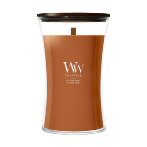 WoodWick Scented Candle Large Saffron Smoke - 18 cm / ø 10 cm - Scented Candle in Glass - Wooden Wick