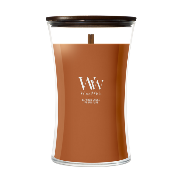 WoodWick Scented Candle Large Saffron Smoke - 18 cm / ø 10 cm - Scented Candle in Glass - Wooden Wick