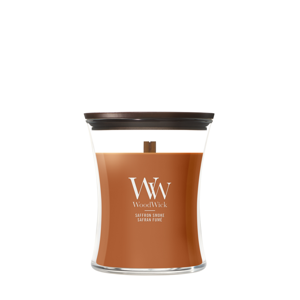 WoodWick Scented Candle Medium Saffron Smoke - 11 cm / ø 10 cm - Scented Candle in Glass - Wooden Wick