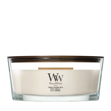 WoodWick Scented Candle Ellipse Tonka & Almond Milk - 9 cm / 19 cm - Scented Candle in Glass - Wooden Wick