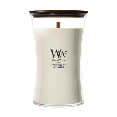 WoodWick Scented Candle Large Tonka & Almond Milk - 18 cm / ø 10 cm - Scented Candle in Glass - Wooden Wick