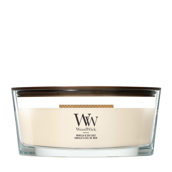 WoodWick Vela Aromática Ellipse Vainilla & Sal Marina - 9 cm / 19 cm - Vela Aromática en Vidrio - Mecha de Madera