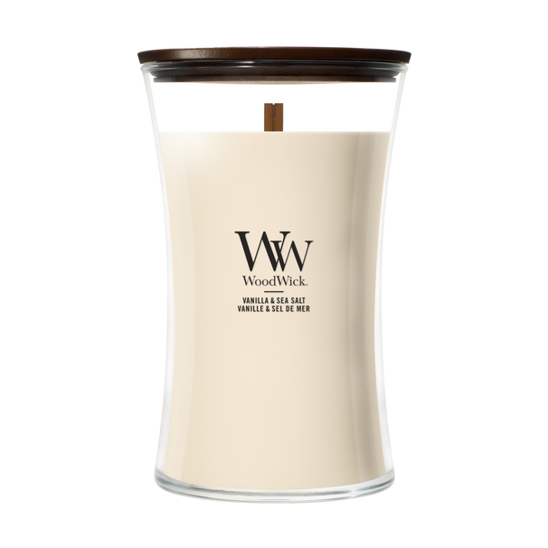 WoodWick Vela Aromática Grande Vainilla & Sal Marina - 18 cm / ø 10 cm - Vela Aromática en Vidrio - Mecha de Madera