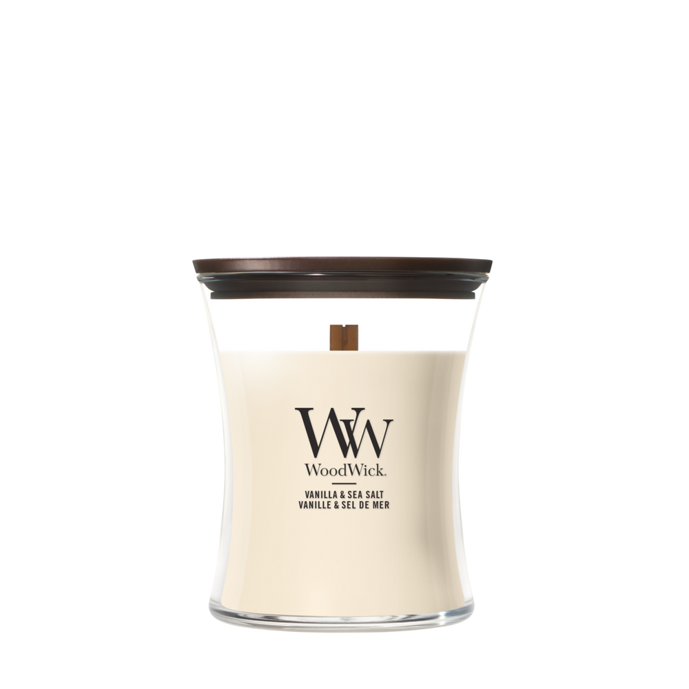 WoodWick Scented Candle Medium Vanilla & Sea Salt - 11 cm / ø 10 cm - Scented Candle in Glass - Wooden Wick