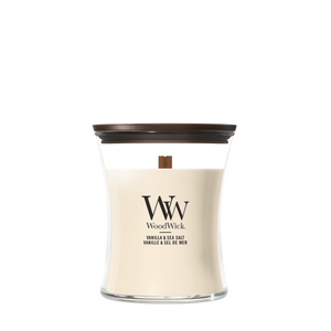 WoodWick Scented Candle Medium Vanilla & Sea Salt - 11 cm / ø 10 cm - Scented Candle in Glass - Wooden Wick