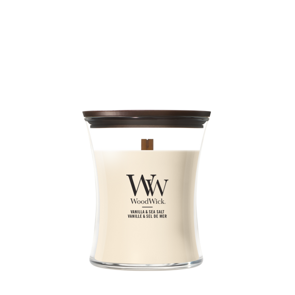 WoodWick Vela Aromática Mediana Vainilla & Sal Marina - 11 cm / ø 10 cm - Vela Aromática en Vidrio - Mecha de Madera