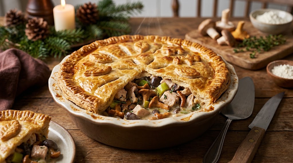 A warm, savory pie full of chicken and mushrooms for the coldest days.