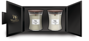Set de regalo WoodWick Vela aromática mediana Fireside & Linen - 2 unidades - Vela en vaso - Mecha de madera