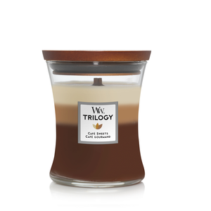 WoodWick Vela aromática Mediana Trilogía Café Dulces - 11 cm / ø 10 cm - Vela en vaso - Mecha de madera