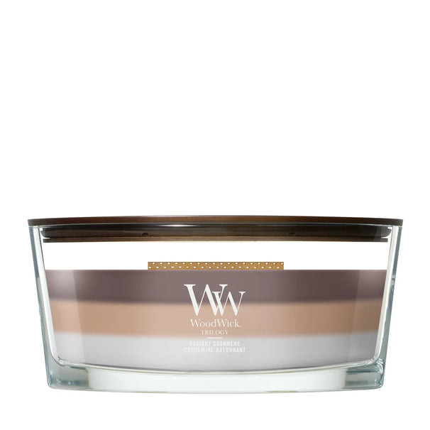 WoodWick Scented Candle Ellipse Trilogy Radiant Cashmere - 9 cm / 19 cm - Scented Candle in Glass - Wooden Wick