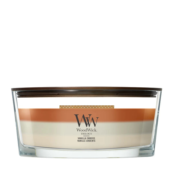 WoodWick Scented Candle Ellipse Trilogy Vanilla Embers - 9 cm / 19 cm - Scented Candle in Glass - Wooden Wick