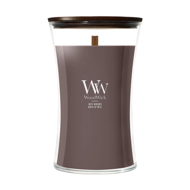 WoodWick Scented Candle Large Iris Woods - 18 cm / ø 10 cm - Scented Candle in Glass - Wooden Wick