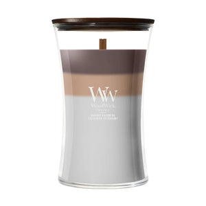 WoodWick Scented Candle Large Trilogy Radiant Cashmere - 18 cm / ø 10 cm - Scented Candle in Glass - Wooden Wick