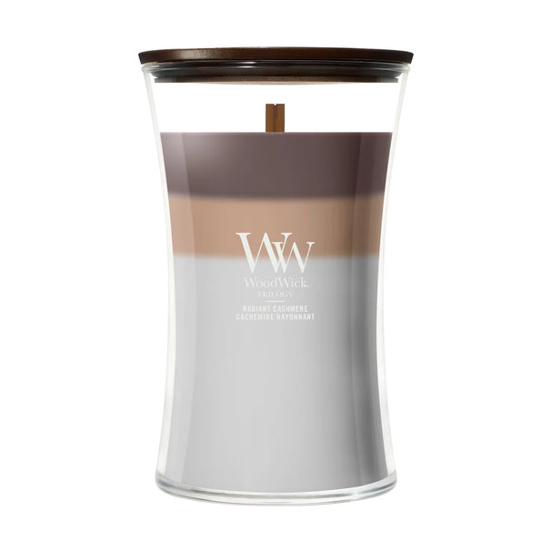 WoodWick Scented Candle Large Trilogy Radiant Cashmere - 18 cm / ø 10 cm - Scented Candle in Glass - Wooden Wick