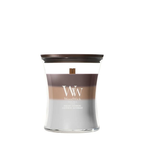 WoodWick Scented Candle Medium Trilogy Radiant Cashmere - 11 cm / ø 10 cm - Scented Candle in Glass - Wooden Wick