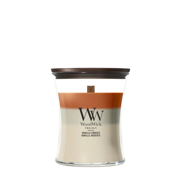 WoodWick Scented Candle Medium Trilogy Vanilla Embers - 11 cm / ø 10 cm - Scented Candle in Glass - Wooden Wick