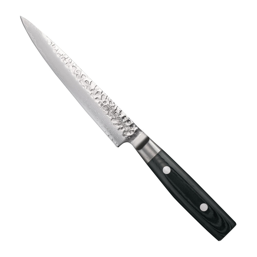 Yaxell Vleesmes Zen 15 cm 37 laags damaststaal met canvas Micarta heft, vrijstaand op witte achtergrond