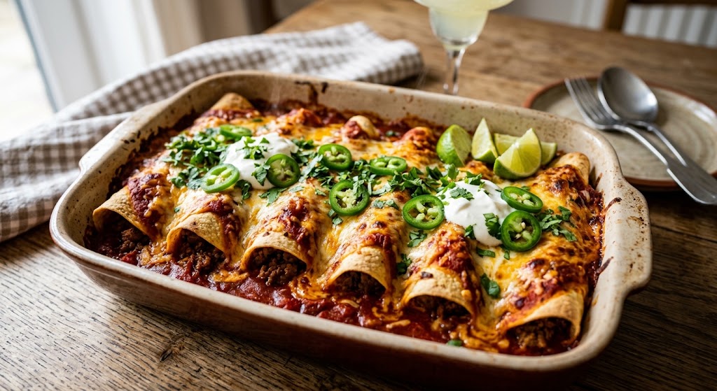 Smeuïge tortilla's gevuld met pittig gehakt, rijkelijk overgoten met tomatensaus en gesmolten kaas.
