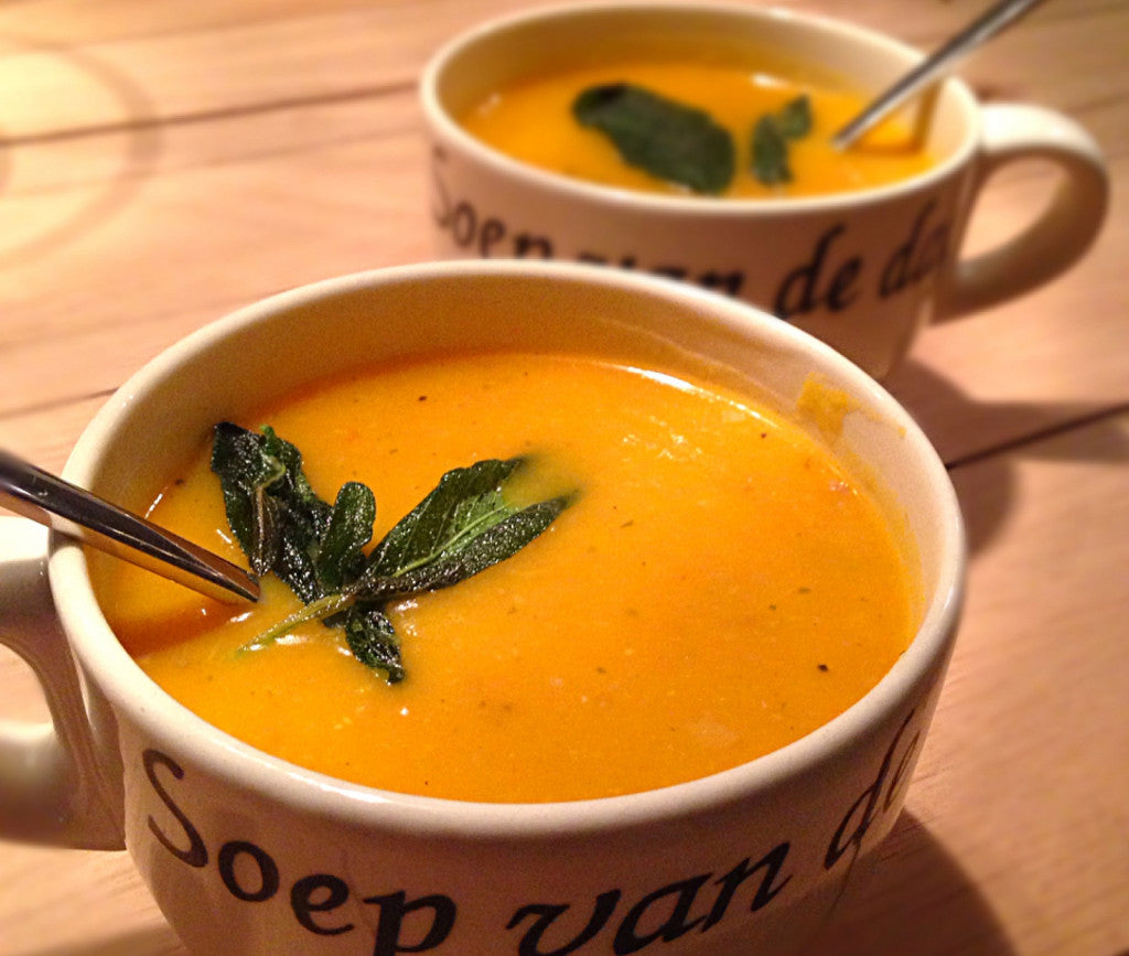 Creamy pumpkin soup with a spicy kick and crunchy sage