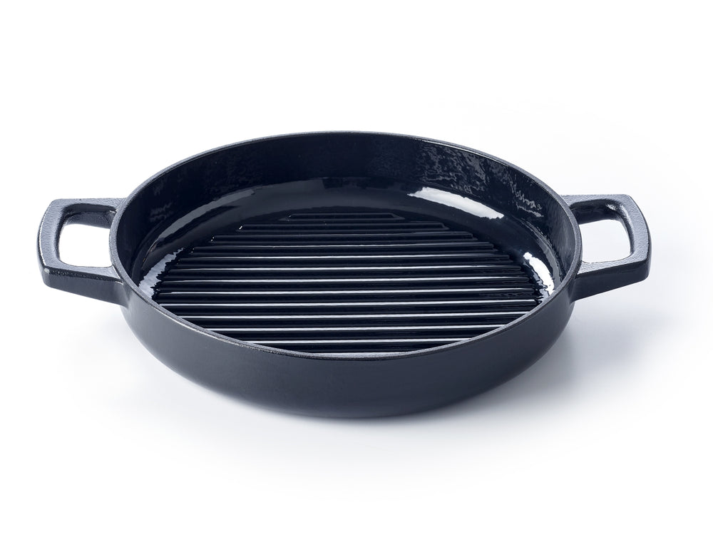 Alva Grill Pan/Grill Plate cast iron Nori ø 28 cm – enamelled non-stick coating – includes free leather handles – suitable for all heat sources