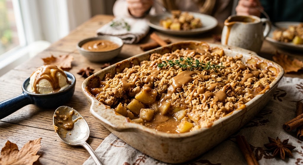Crispy crumble, tender pears and apples, and a warm speculoos sauce on top: this is autumn at its best.