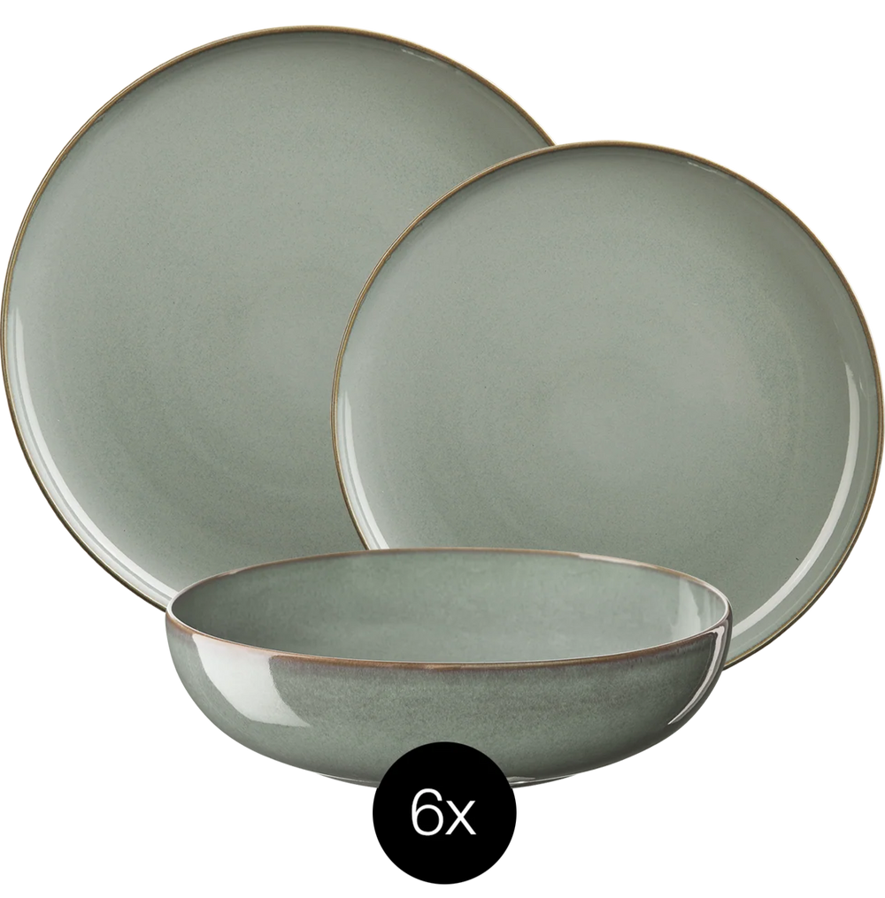 Set de vajilla ASA Selection Saisons - Eucalipto 18 piezas / 6 personas - 6 platos llanos, 6 cuencos y 6 platos de desayuno