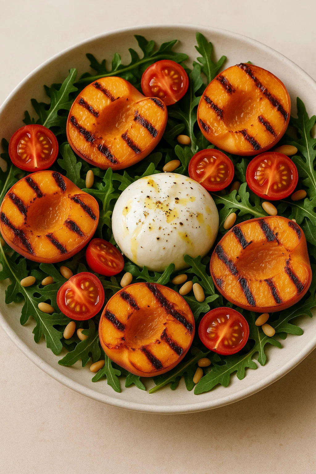 A fresh and flavourful salad with sweet peaches and creamy burrata.
