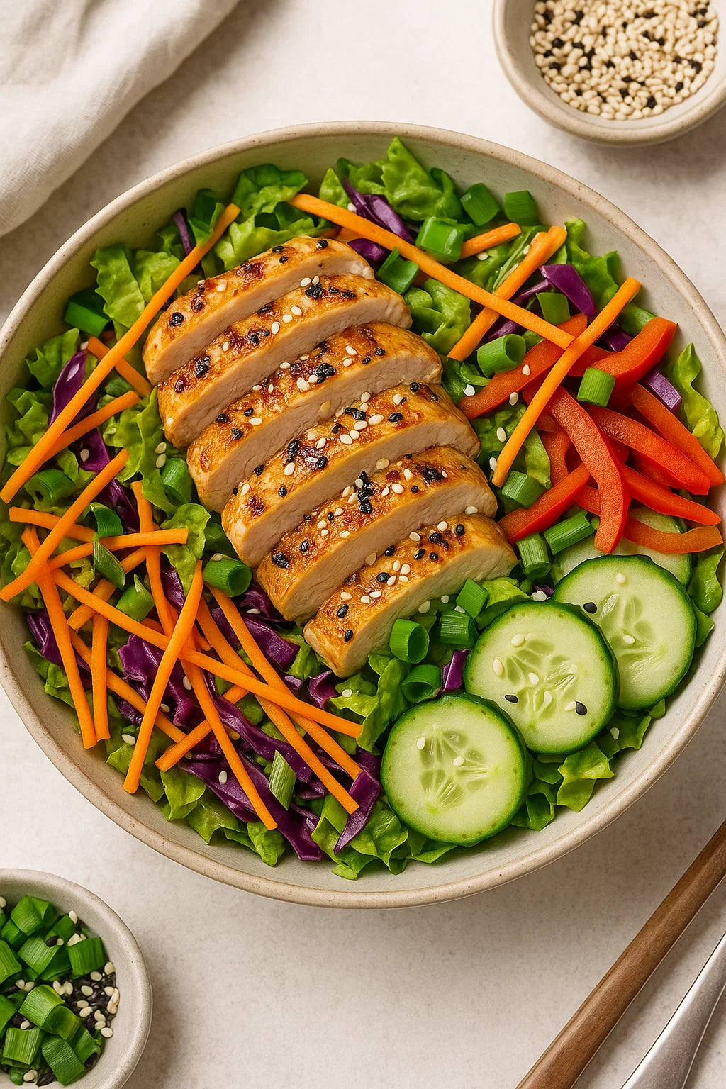 Enjoy a fresh and colourful salad with tender chicken and a punchy soy-ginger dressing.