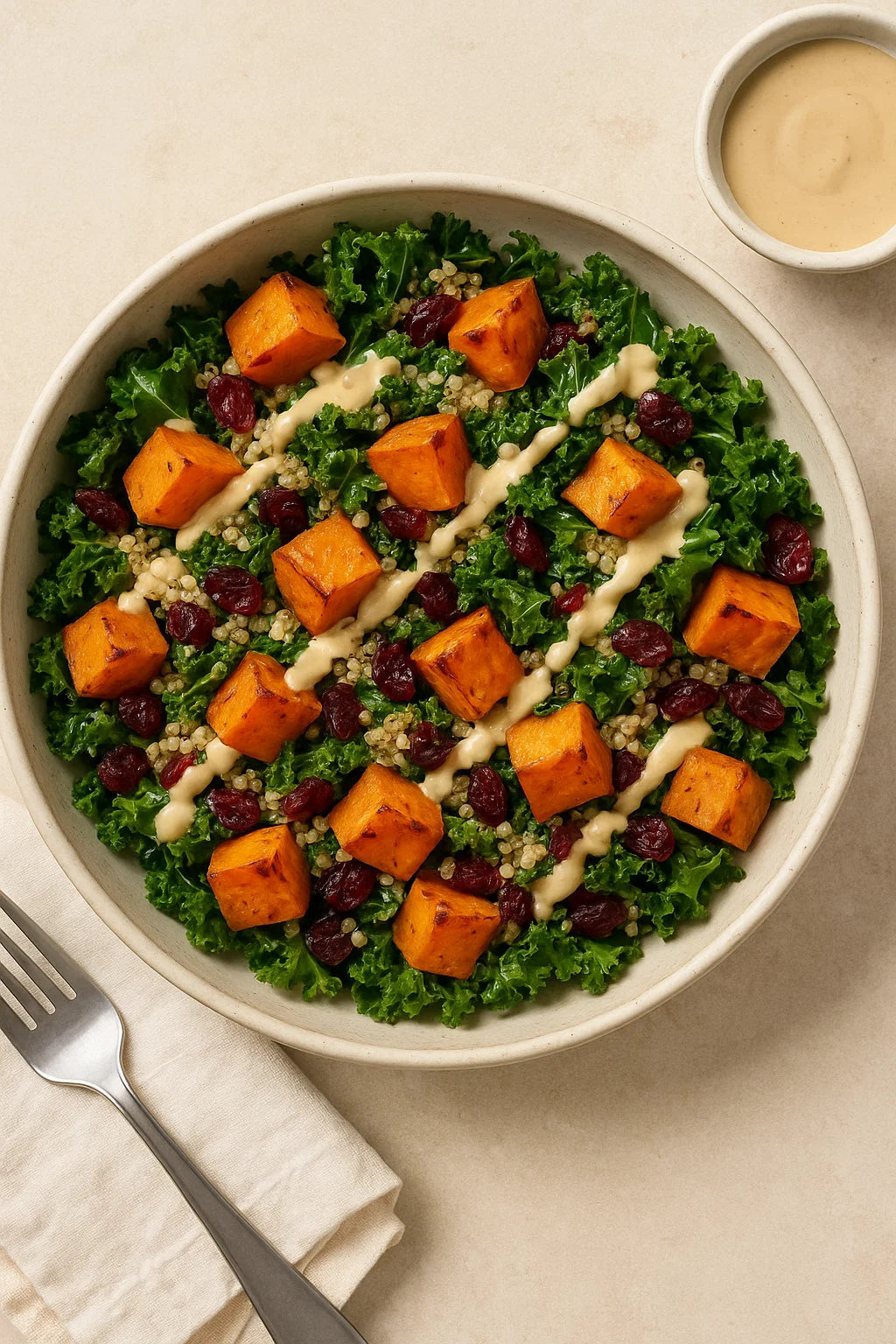 Una ensalada templada y nutritiva con boniato asado, col rizada y un cremoso aliño de tahini