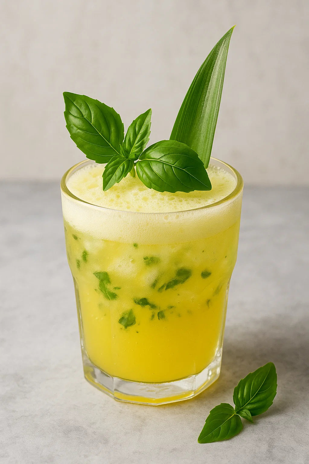Un refrescante cóctel tropical con piña y albahaca.
