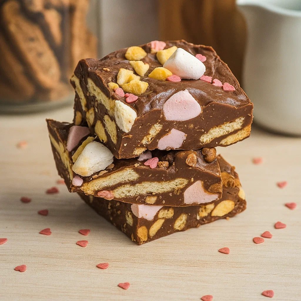 A delicious fudge with biscuits, nuts and marshmallows!
