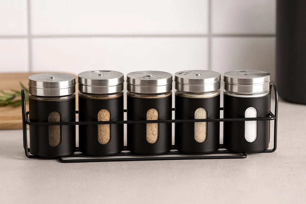 Cookinglife Estante para especias negro 5 piezas - Con dispensadores de especias 80 ml