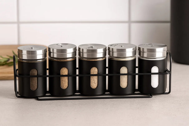 Cookinglife Estante para especias negro 5 piezas - Con dispensadores de especias 80 ml