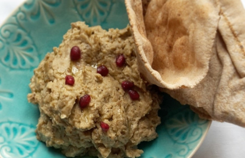 Creamy roasted aubergine dip with a fresh pomegranate twist