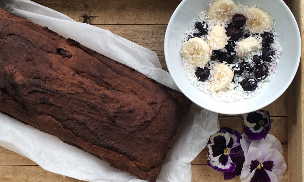 Gluten-free banana bread with dates and blueberries