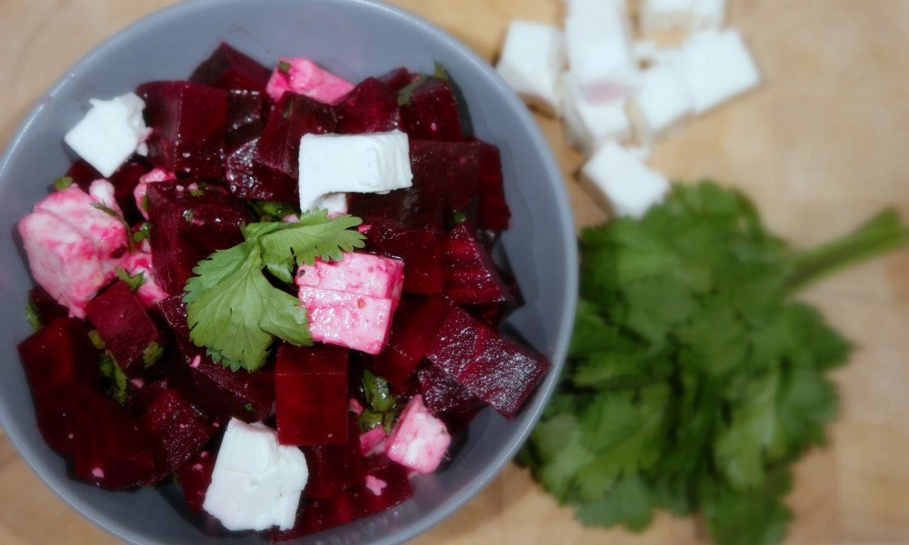 Fresh salad with beetroot, feta and coriander