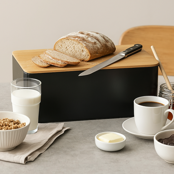Caja para pan Cookinglife - Caja para pan con tabla - Negro mate
