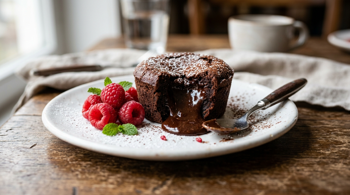 Rico fondant de chocolate sin gluten, con un corazón líquido y frambuesas frescas.