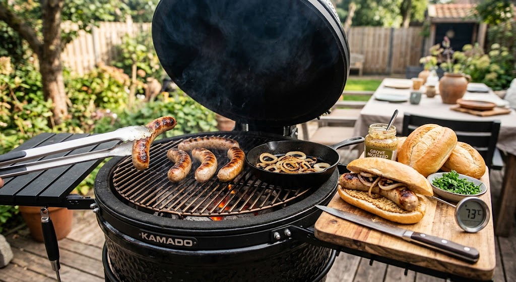 Juicy Thüringer braadworst with an authentic smoky flavor from the kamado