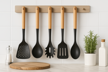 Cookinglife Cookware set - Cookware set - black wood 5 pieces - Slotted spoon, soup ladle, spaghetti spoon, spatula & serving spoon