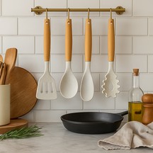 Cookinglife Cookware set - Cookware set - wood beige 4 pieces - Slotted spatula, serving spoon, salad spoon & spaghetti spoon