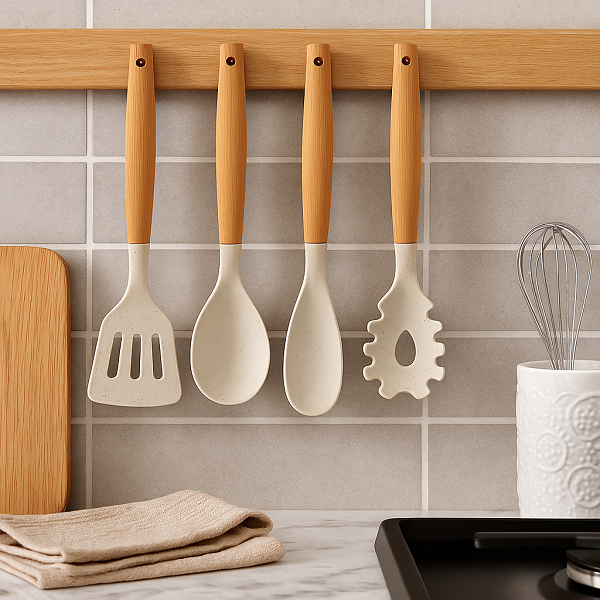 Cookinglife Cookware set - Cookware set - wood beige 4 pieces - Slotted spatula, serving spoon, salad spoon & spaghetti spoon