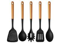 Cookinglife Cookware set - Cookware set - black wood 5 pieces - Slotted spoon, soup ladle, spaghetti spoon, spatula & serving spoon