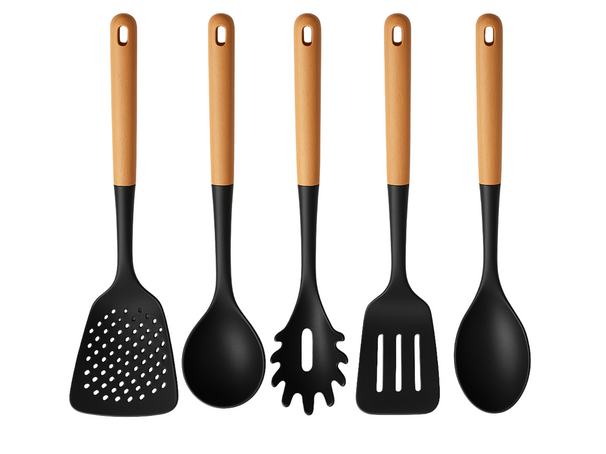 Set de utensilios de cocina Cookinglife - Set de cocina - madera negra 5 piezas - Espumadera, cucharón, cuchara para espaguetis, espátula y cuchara para servir