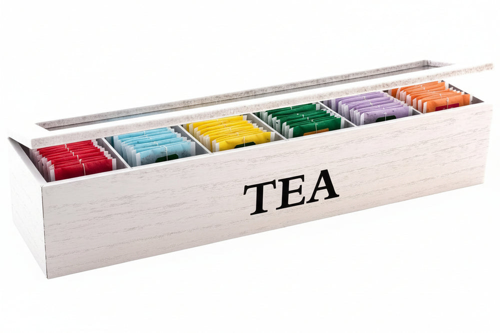Cookinglife Tea Box Wood White 6-Compartment with Glass Lid