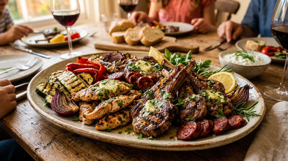 Juicy pieces of meat, grilled vegetables and a garlic-herb butter that brings everything together.