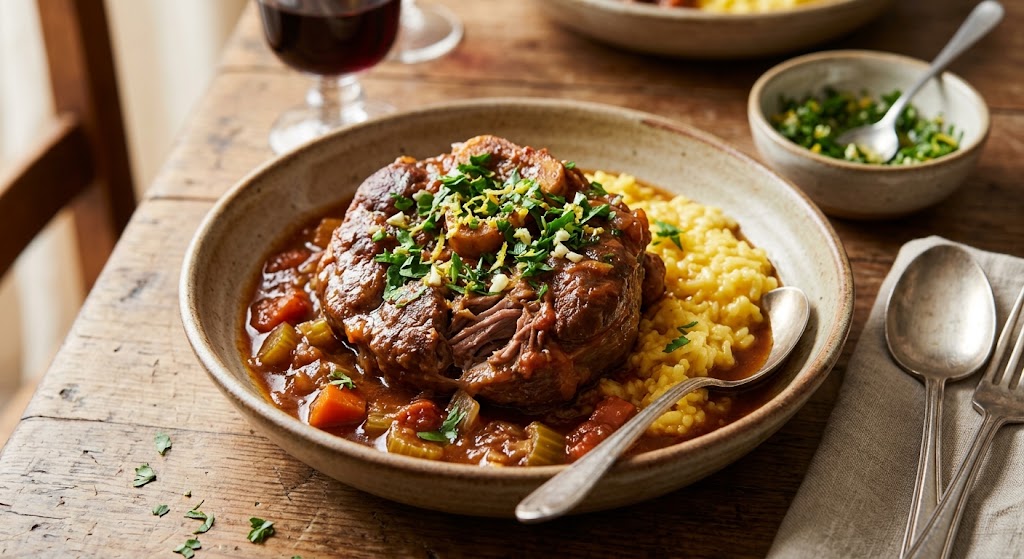 Slow-braised veal shank with a bright lemon-parsley topping