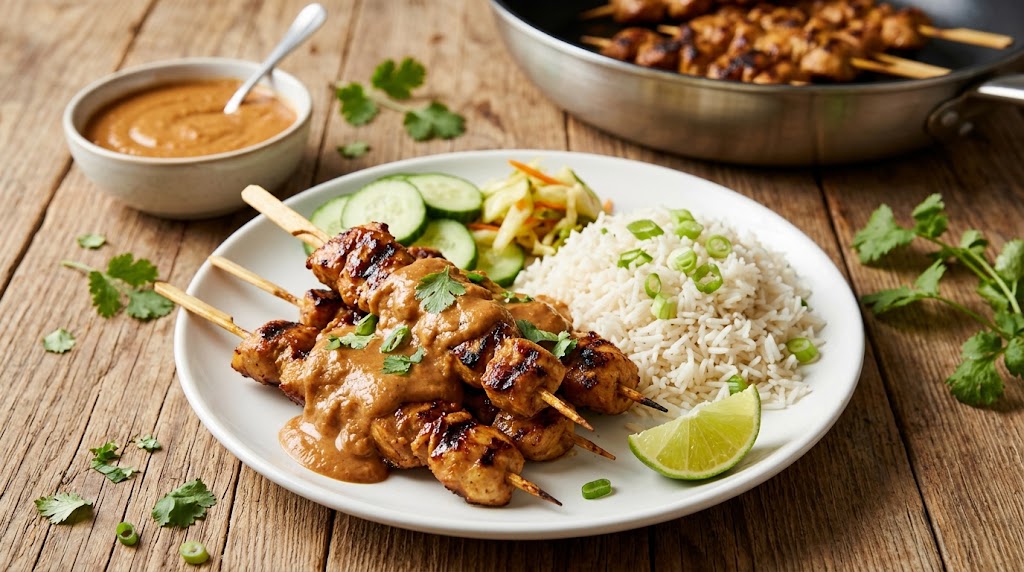 Aromatic chicken satay with homemade peanut sauce, straight from the pan