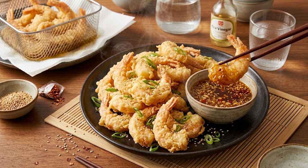 Light batter, crunchy shrimp, eaten straight from the plate.
