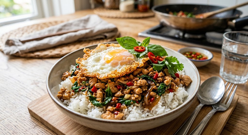 Salteado rápido con pollo, albahaca y una salsa ardiente